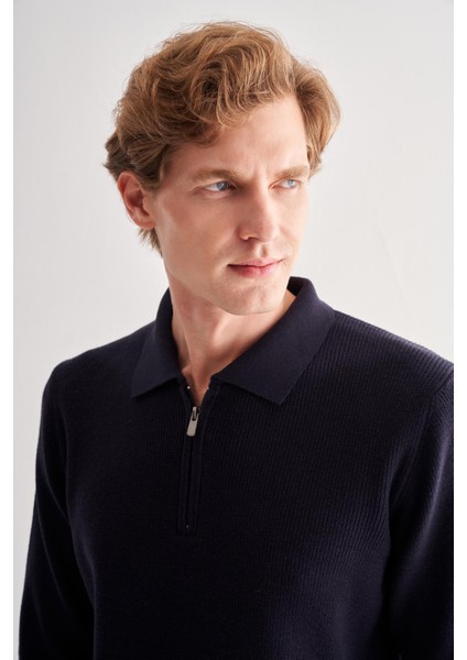 Koyu Lacivert Fermuarlı Polo Yaka Uzun Kol Cepsiz Comfort Fit Casual Pamuklu Triko Kazak 1012255202 fırsatları