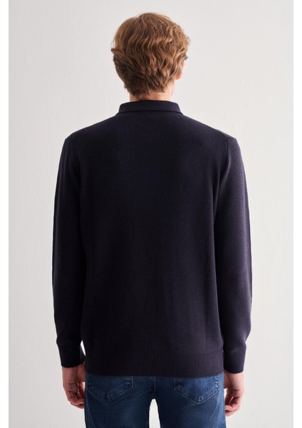 Koyu Lacivert Fermuarlı Polo Yaka Uzun Kol Cepsiz Comfort Fit Casual Pamuklu Triko Kazak 1012255202 indirimleri