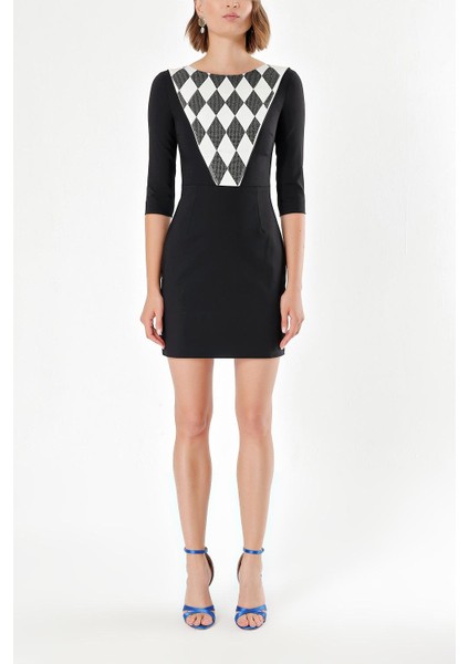 Siyah Taş Desen Dar Kesim Elbise 91109