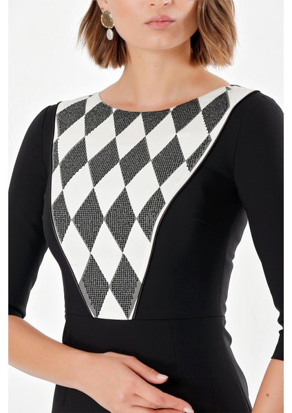 Siyah Taş Desen Dar Kesim Elbise 91109 indirimleri