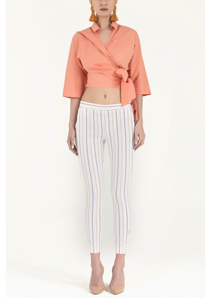 Ekru Dar Kesim Çizgili Pantolon 41241