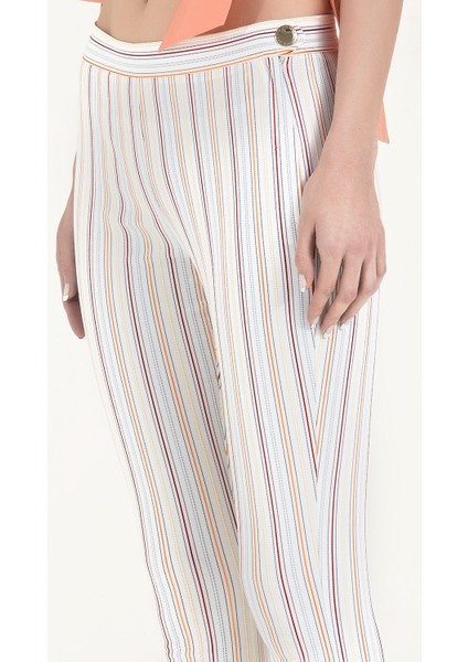 Ekru Dar Kesim Çizgili Pantolon 41241 modelleri