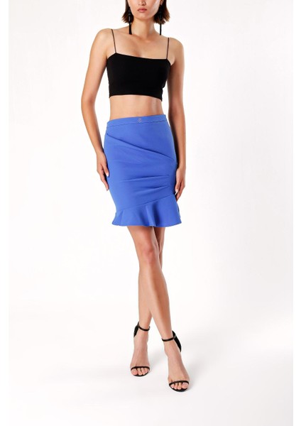 Mavi Volanlı Büzgülü Mini Etek 80711