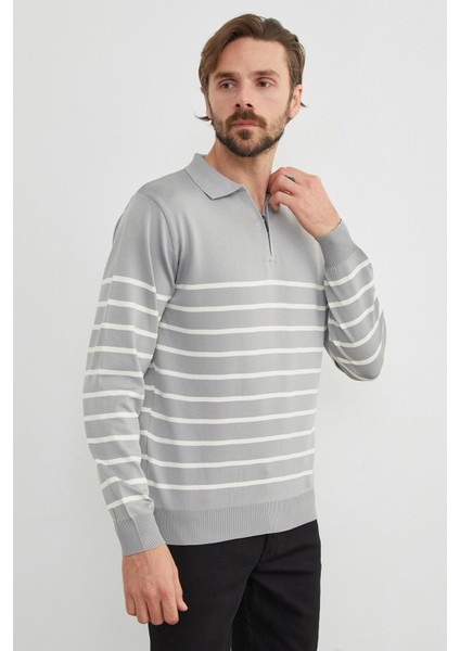 Çizgili Polo Yaka Yarım Fermuarlı Triko Kazak fiyatları