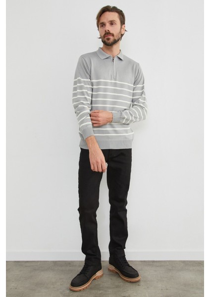 Çizgili Polo Yaka Yarım Fermuarlı Triko Kazak fırsatları