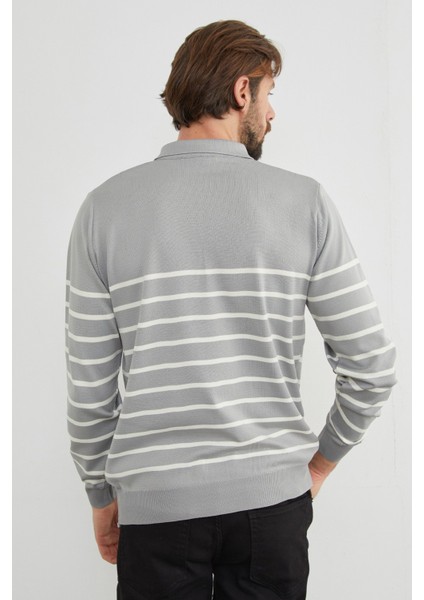 Çizgili Polo Yaka Yarım Fermuarlı Triko Kazak indirimleri