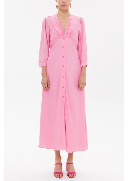 Pembe V Yaka Uzun Elbise 92840