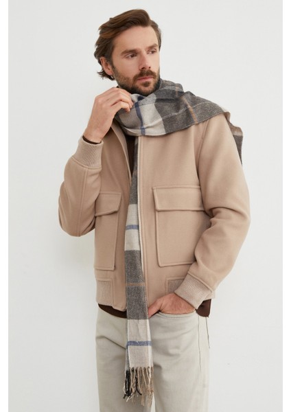 Fermuarlı Polo Yaka Cepli Kaşe Ceket