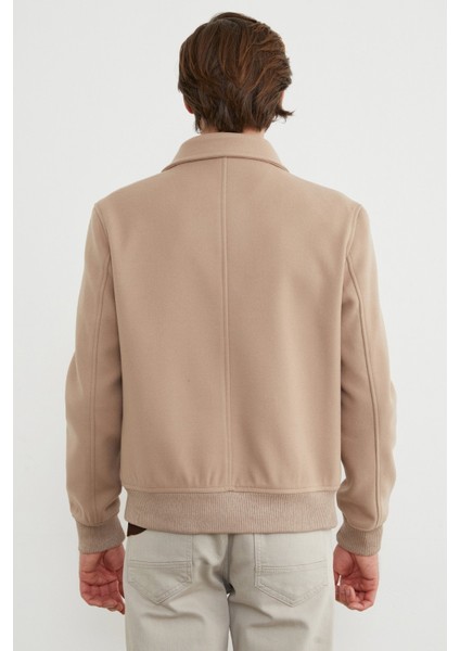 Fermuarlı Polo Yaka Cepli Kaşe Ceket