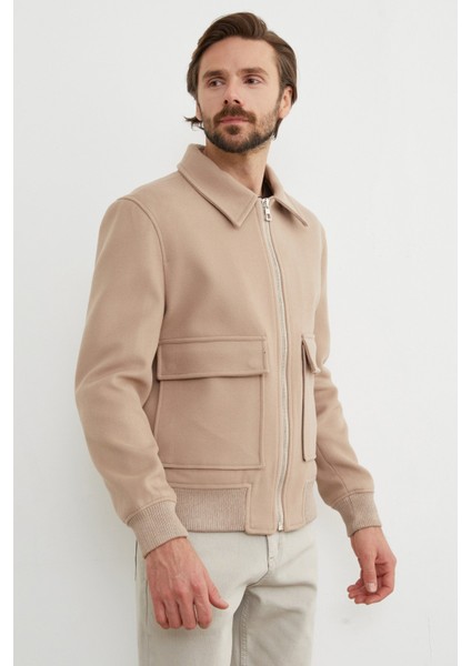 Fermuarlı Polo Yaka Cepli Kaşe Ceket