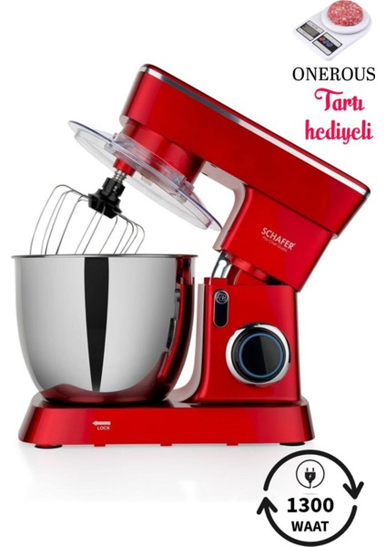 Kırmızı Mutfak Tartısı ve Hamur Yoğurma Mikseri, 1300W, 5,5l, Stand Tasarımı
