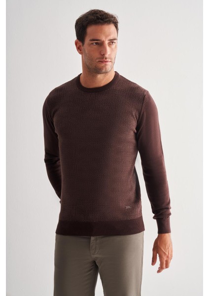 Koyu Kahverengi Bisiklet Yaka Uzun Kol Cepsiz Comfort Fit Pamuklu Triko Kazak 1012255216