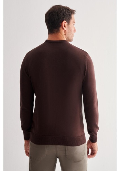 Koyu Kahverengi Bisiklet Yaka Uzun Kol Cepsiz Comfort Fit Pamuklu Triko Kazak 1012255216 indirimleri