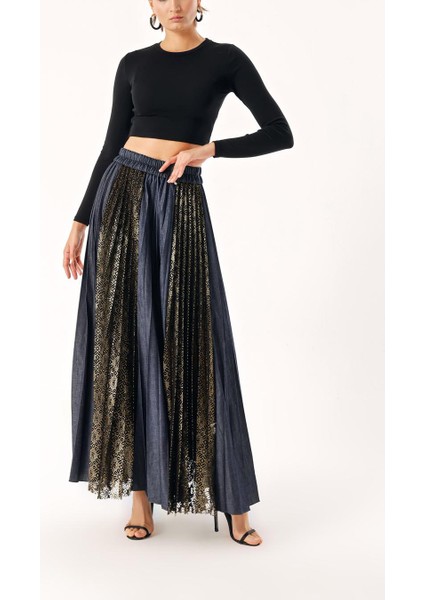 Lacivert Dantel Detaylı Piliseli Etek 81273