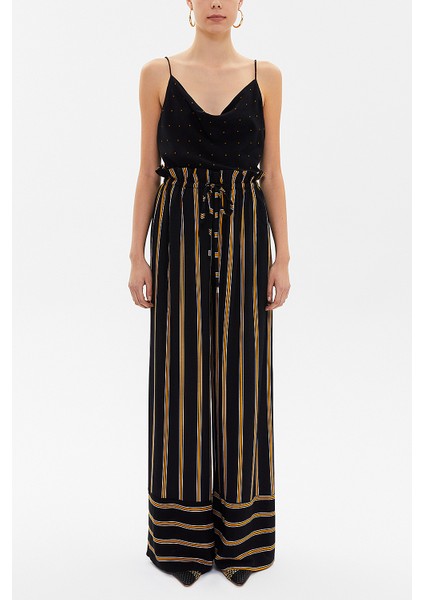 Siyah Yüksek Bel Çizgili Bol Kesim Pantolon 41303