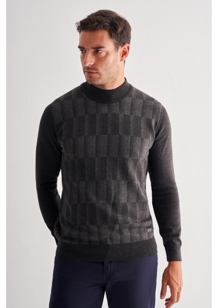 Koyu Antrasit Yarım Balıkçı Yaka Uzun Kol Cepsiz Comfort Fit Pamuklu Triko Kazak 1012255212