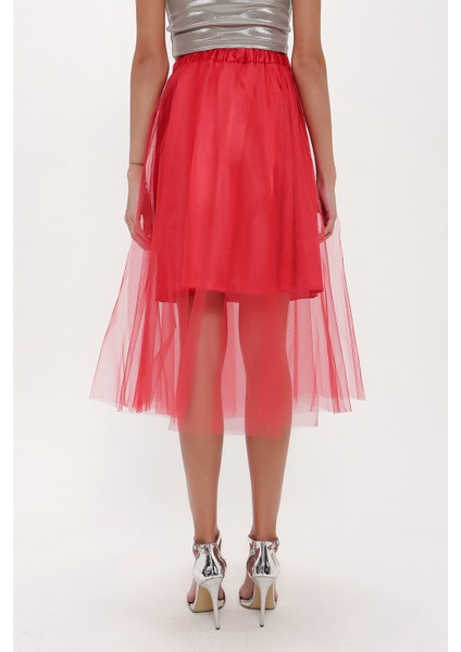 Kırmızı Beli Lastikli Tül Etek 81075