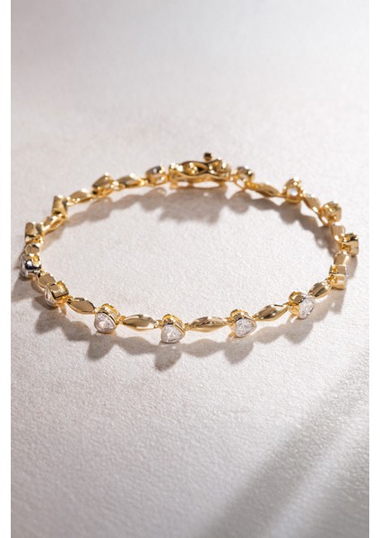 Altın Kalpli Kristal Taşlı 925 Ayar Gümüş Bileklik 20