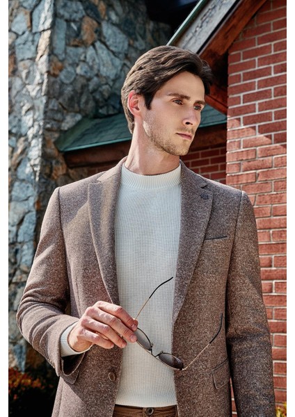 Ekru Uzun Kol Bisiklet Yaka Cepsiz Slim Fit Triko 1012255151