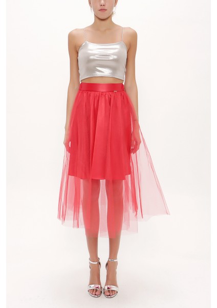 Kırmızı Beli Lastikli Tül Etek 81075