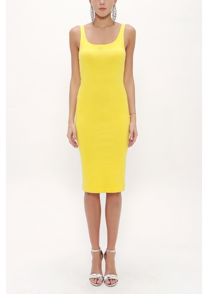 Sarı Askılı Dar Kesim Mini Örme Elbise 91967