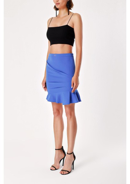 Mavi Volanlı Büzgülü Mini Etek 80711 modelleri