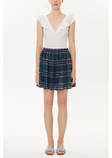 Lacivert Zemin Çizgili Büzgülü Mini Etek 81166