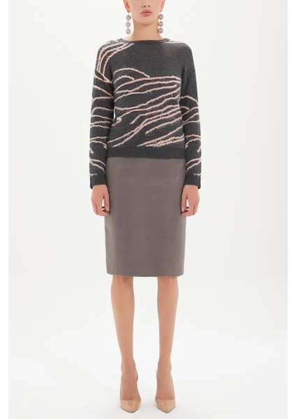 Açık Kahve Üzerine Varak Baskılı Kalem Etek 80765