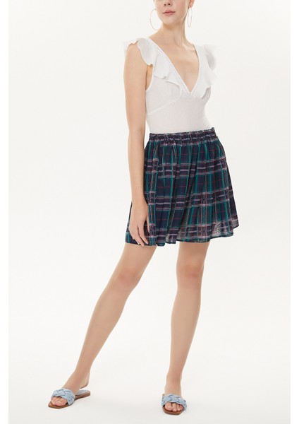 Lacivert Zemin Çizgili Büzgülü Mini Etek 81166 indirimleri