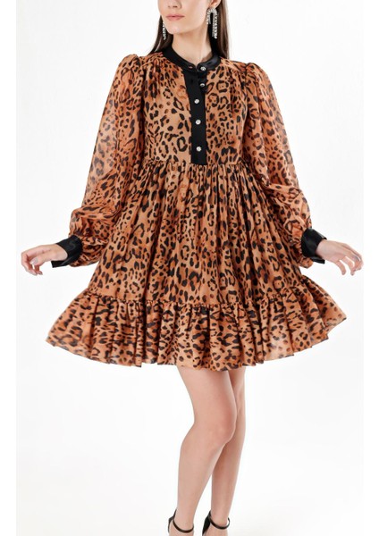 Leopar Büzgülü Kısa Elbise 94240
