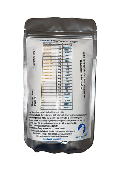 Min-A-Vit Basıcs- Yumurta Tavukları Için Vitamin ve Mineral Premiksi – 250 G fiyatları