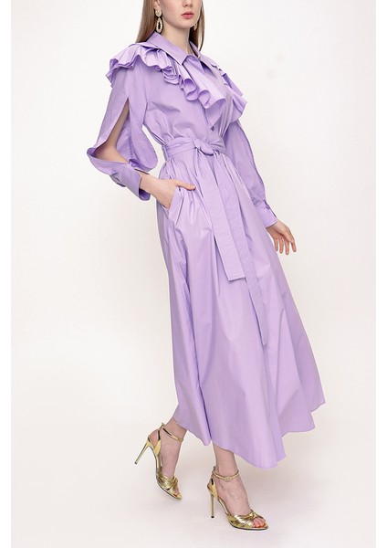 Lila Yakası Volanlı Gömlek Elbise 93510 indirimleri