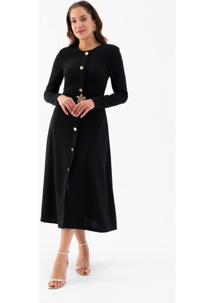 Kadın Siyah Uzun Kol Gold Düğmeli Midi Elbise fiyatları