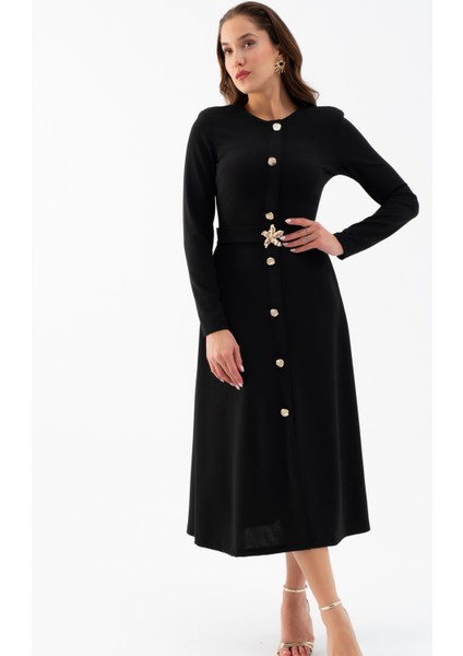 Kadın Siyah Uzun Kol Gold Düğmeli Midi Elbise modelleri