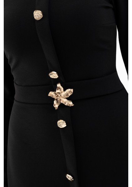 Kadın Siyah Uzun Kol Gold Düğmeli Midi Elbise indirimleri