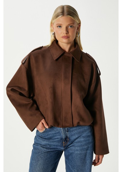 Kadın Rodney Süet Etkili Kahverengi Bomber Ceket