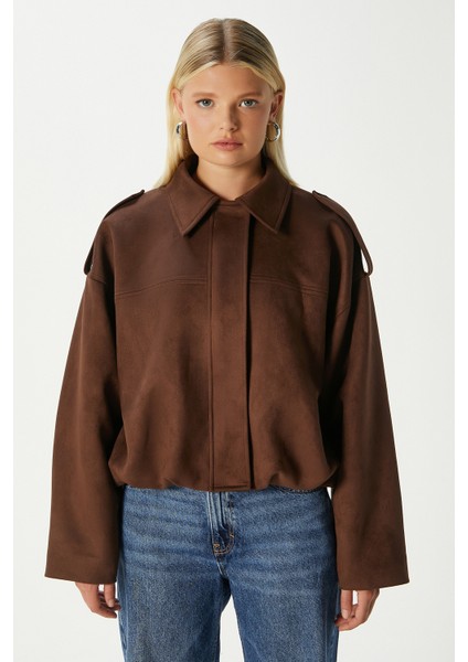Kadın Rodney Süet Etkili Kahverengi Bomber Ceket modelleri