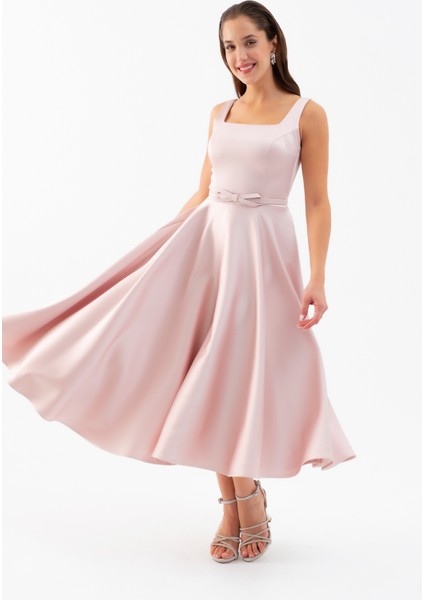 Kadın Pudra Kare Yaka Kemerli Midi Söz Nişan Elbisesi