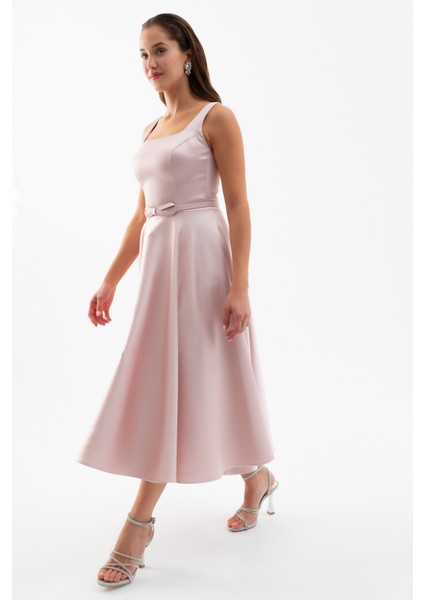 Kadın Pudra Kare Yaka Kemerli Midi Söz Nişan Elbisesi modelleri