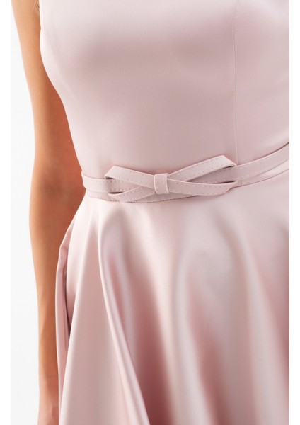 Kadın Pudra Kare Yaka Kemerli Midi Söz Nişan Elbisesi fırsatları