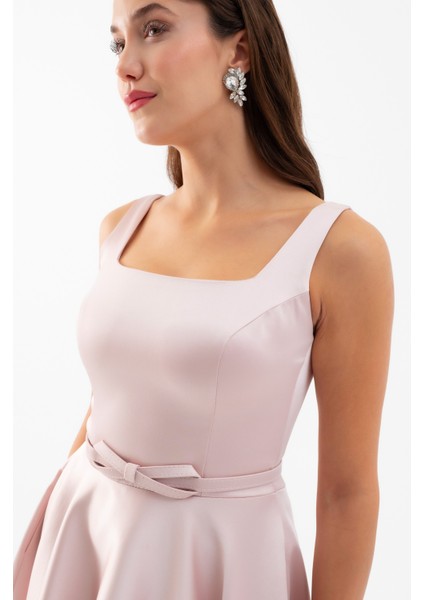 Kadın Pudra Kare Yaka Kemerli Midi Söz Nişan Elbisesi indirimleri