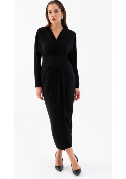 Kadın Siyah V Yaka Midi Elbise