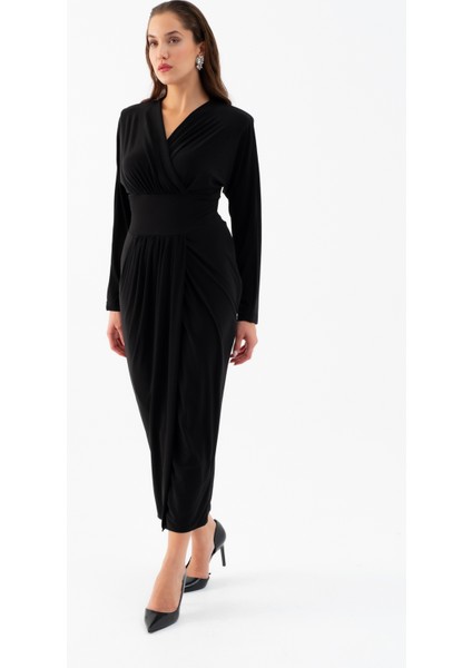 Kadın Siyah V Yaka Midi Elbise fiyatları