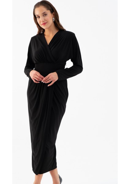 Kadın Siyah V Yaka Midi Elbise modelleri