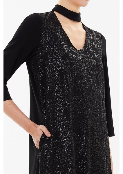 Siyah V Yaka Payetli Bol Kesim Midi Elbise 92227 modelleri