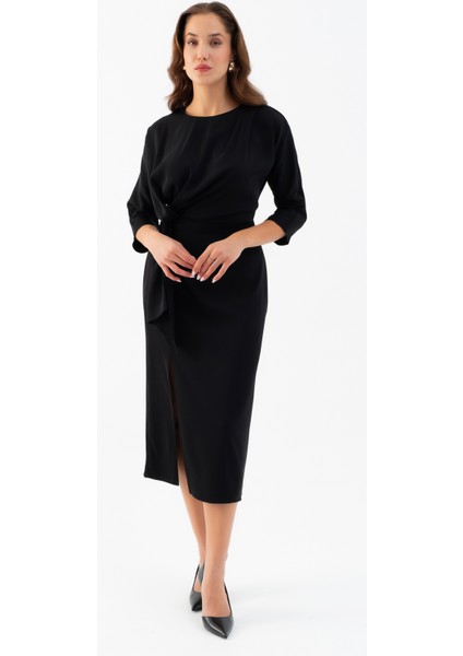 Kadın Siyah Yırtmaçlı Midi Saten Davet Elbisesi fiyatları