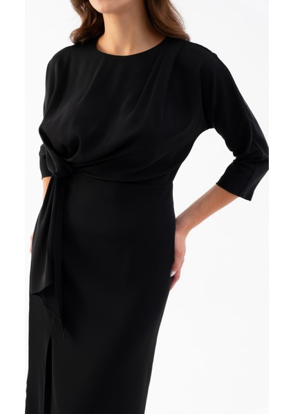 Kadın Siyah Yırtmaçlı Midi Saten Davet Elbisesi indirimleri