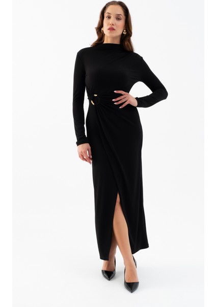 Kadın Siyah Omuz Büzgülü Halka Aksesuar Detaylı Elbise fiyatları