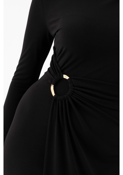 Kadın Siyah Omuz Büzgülü Halka Aksesuar Detaylı Elbise indirimleri