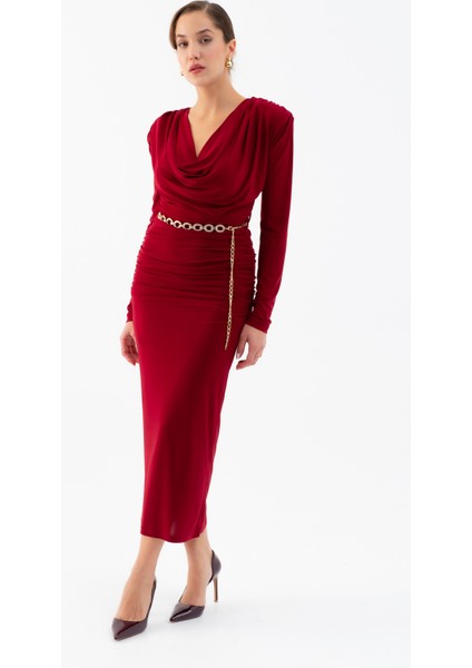 Kadın Bordo Degaje Yaka Zincir Kemerli Maxi Elbise
